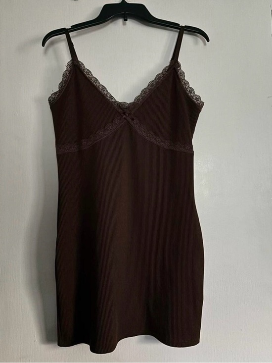 Divided Dresses & Skirts - Women’s Brown Lace Trim Ribbed Slip Mini-Dress